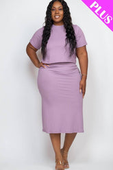 Plus size Ribbed Solid Top and Midi Skirt Set